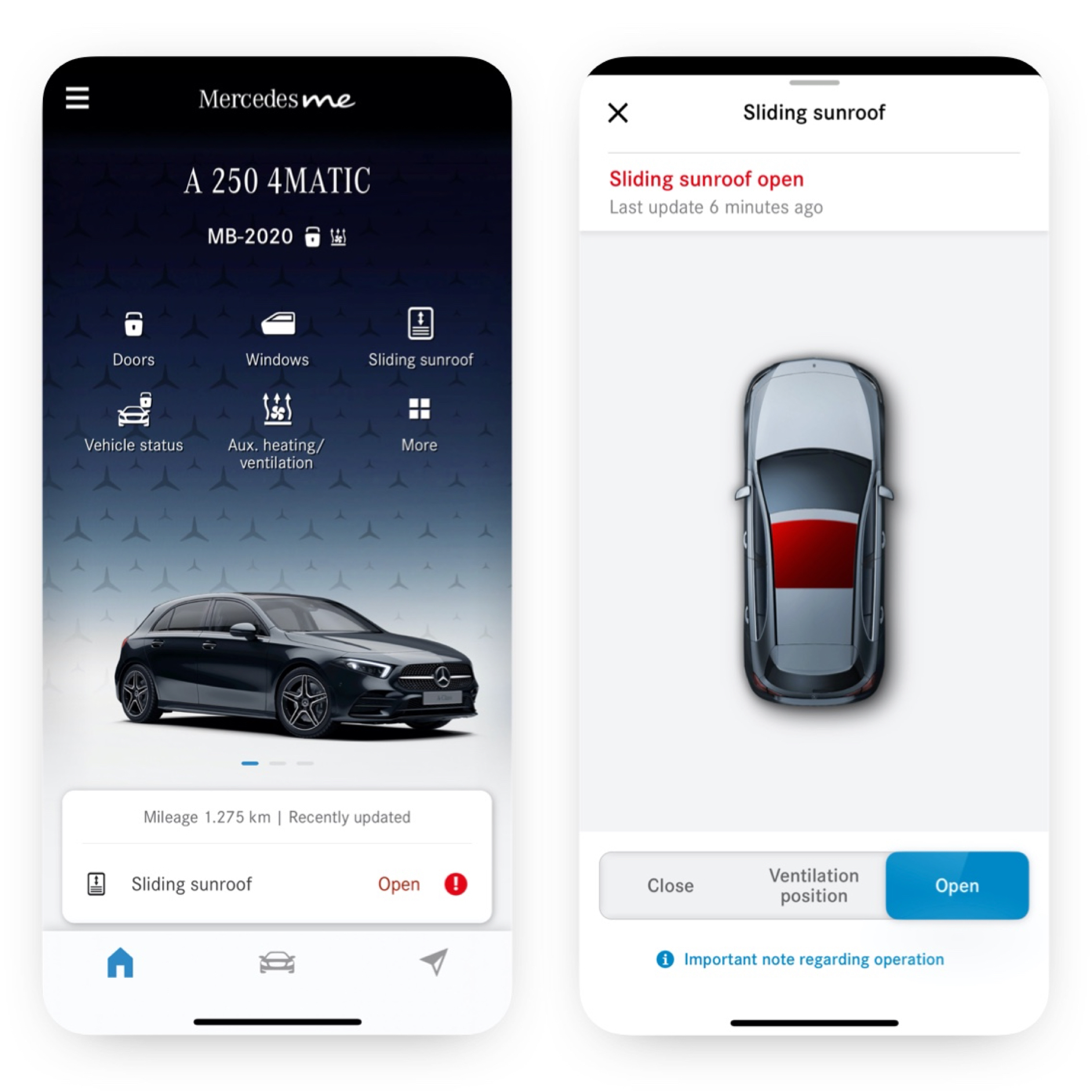Fjernlukning og -åbning af vinduer/soltag | Excellence-pakke | Mercedes-Benz digitale tjenester Fjernlukning og -åbning af vinduer/soltag registrerer, at soltaget ikke er lukket