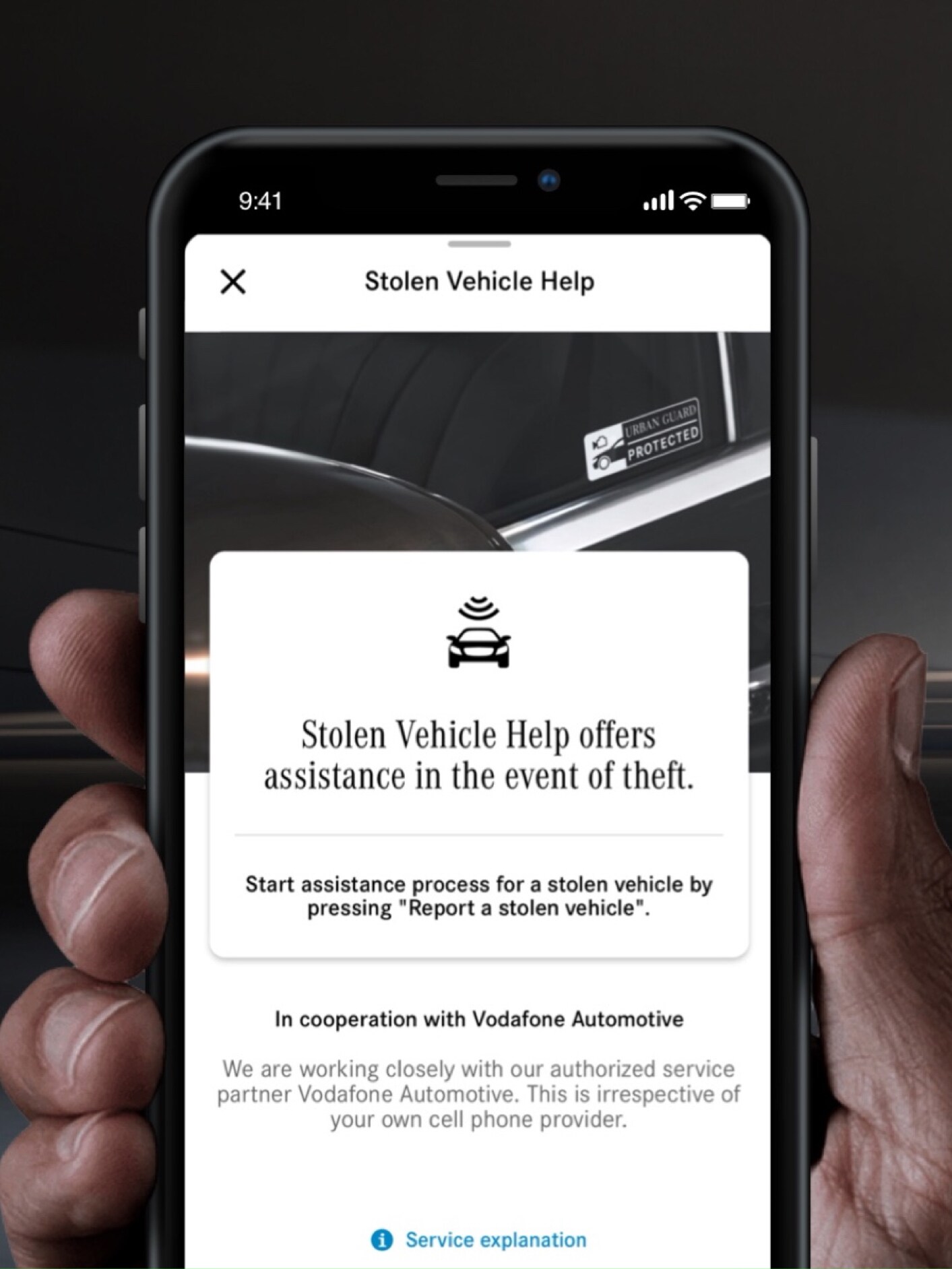 Smartphone viser den digitale tjeneste GUARD 360° tilbyde assistance ved biltyveri