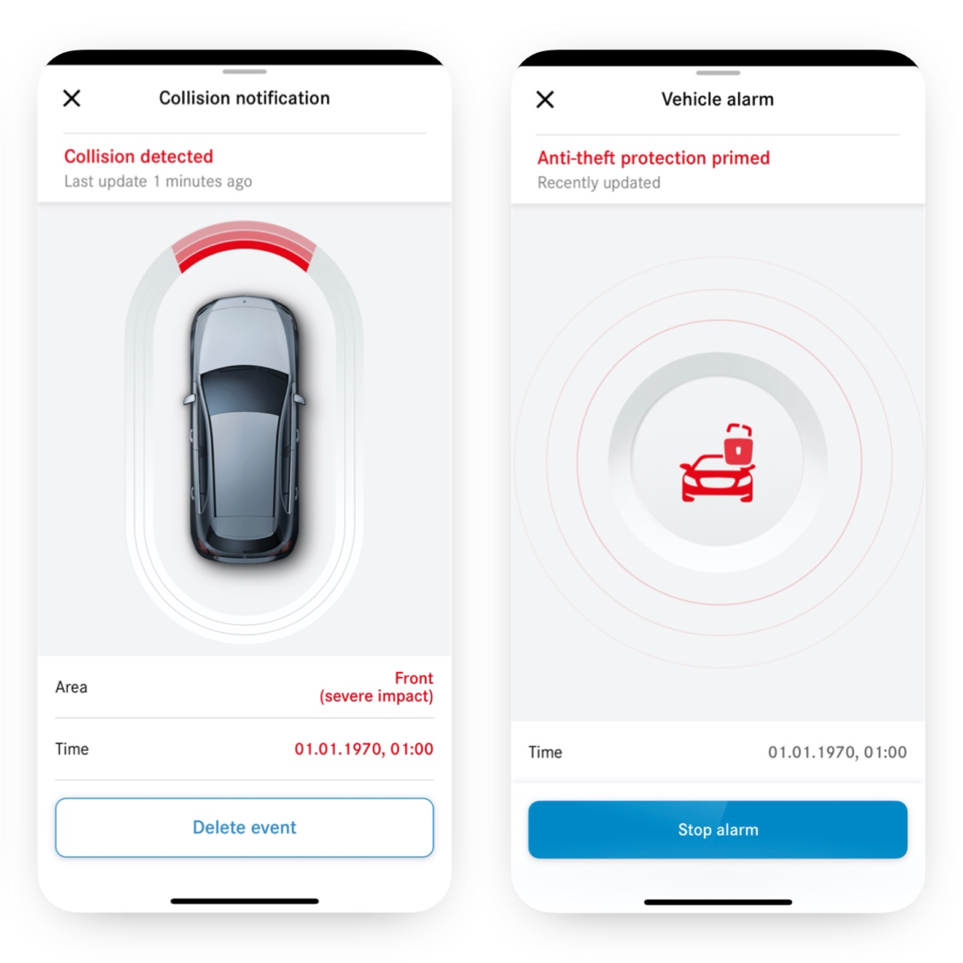 Notifikation om tyveri og kollisionsregistrering | Remote | Mercedes-Benz digitale tjenester Kollisionsnotifikation via Mercedes-Benz’ digitale tyveri- og kollisionsservice