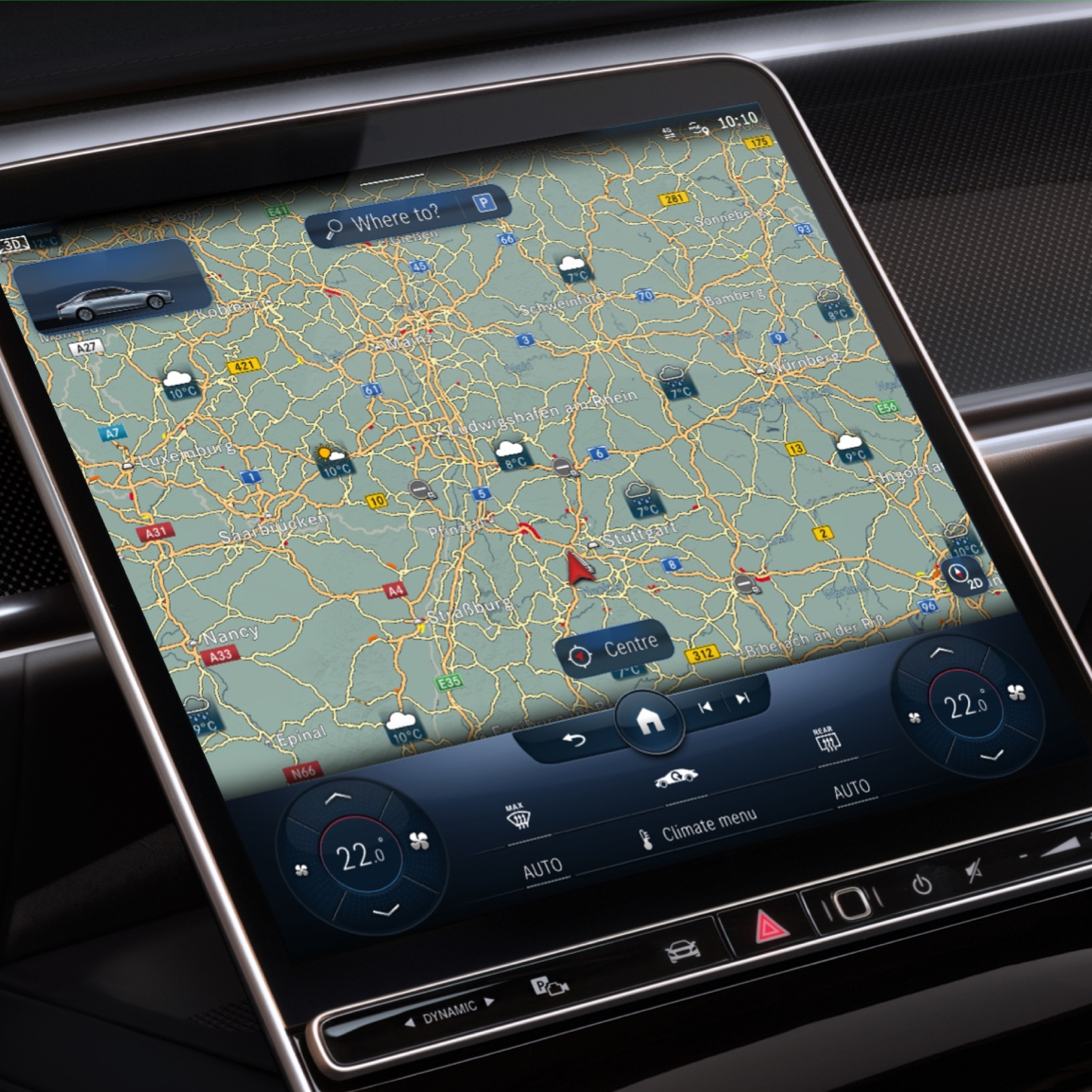 Vejrkort | Excellence-pakke | Mercedes-Benz digitale tjenester Den digitale tjeneste Vejrkort viser vejrudsigten på destination