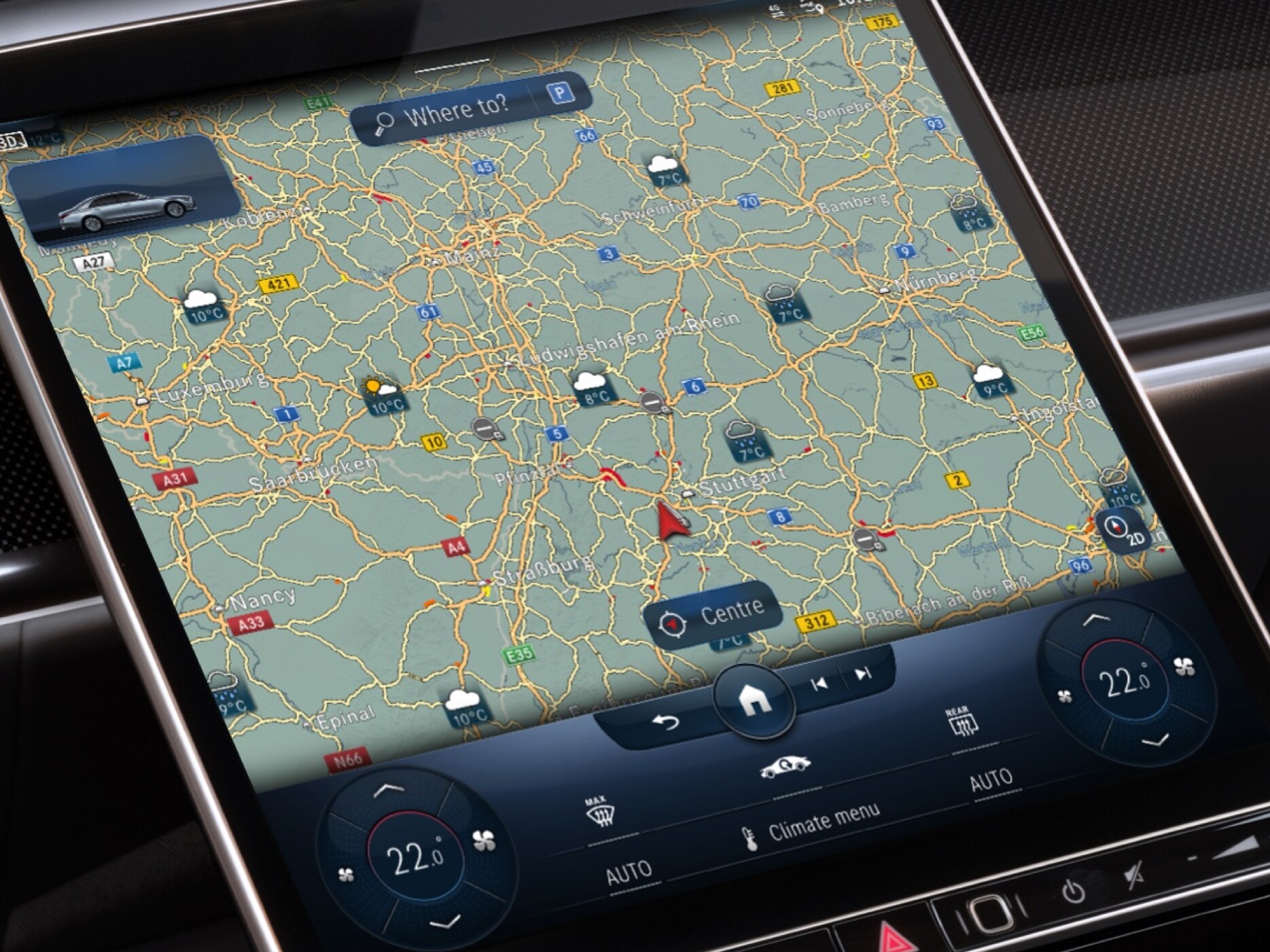 MBUX multimediesystemet viser vejrudsigten på destinationen