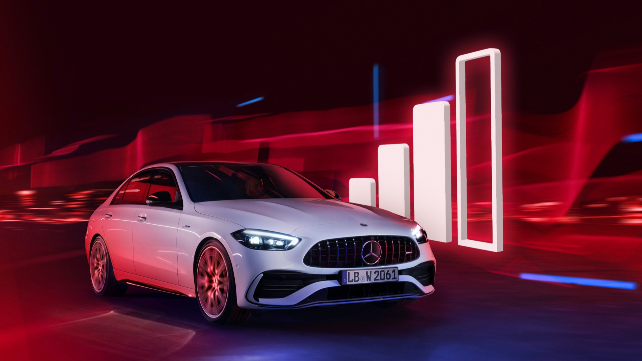 Komfortdatavolumen fra en tredjepartsudbyder | Underholdning | Mercedes-Benz digitale tjenester En Mercedes-Benz kører forbi en visualiseret mobildækningsvisning