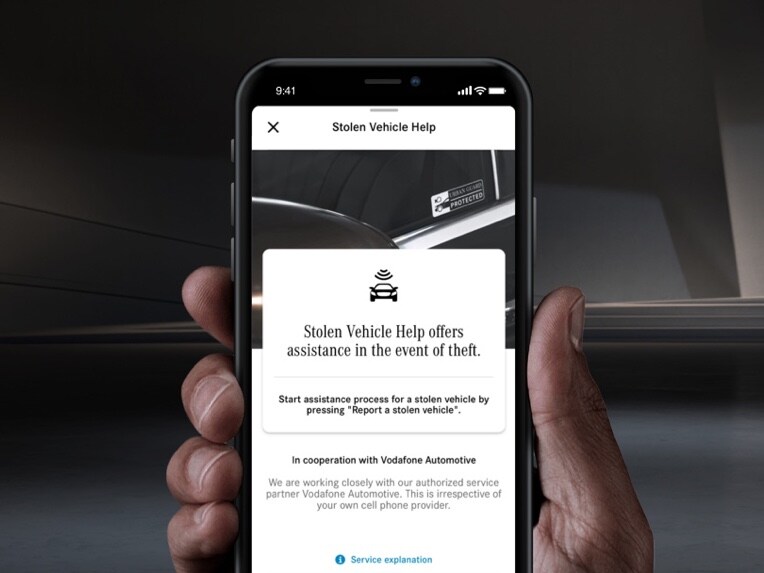 Nærbillede af GUARD 360˚ digitale tjeneste fra Mercedes-Benz vist på smartphone