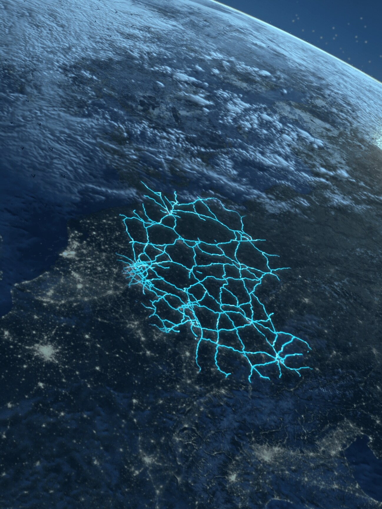 Udsnit af jordkloden med en skematisk fremstilling af rutenetværket i Tyskland