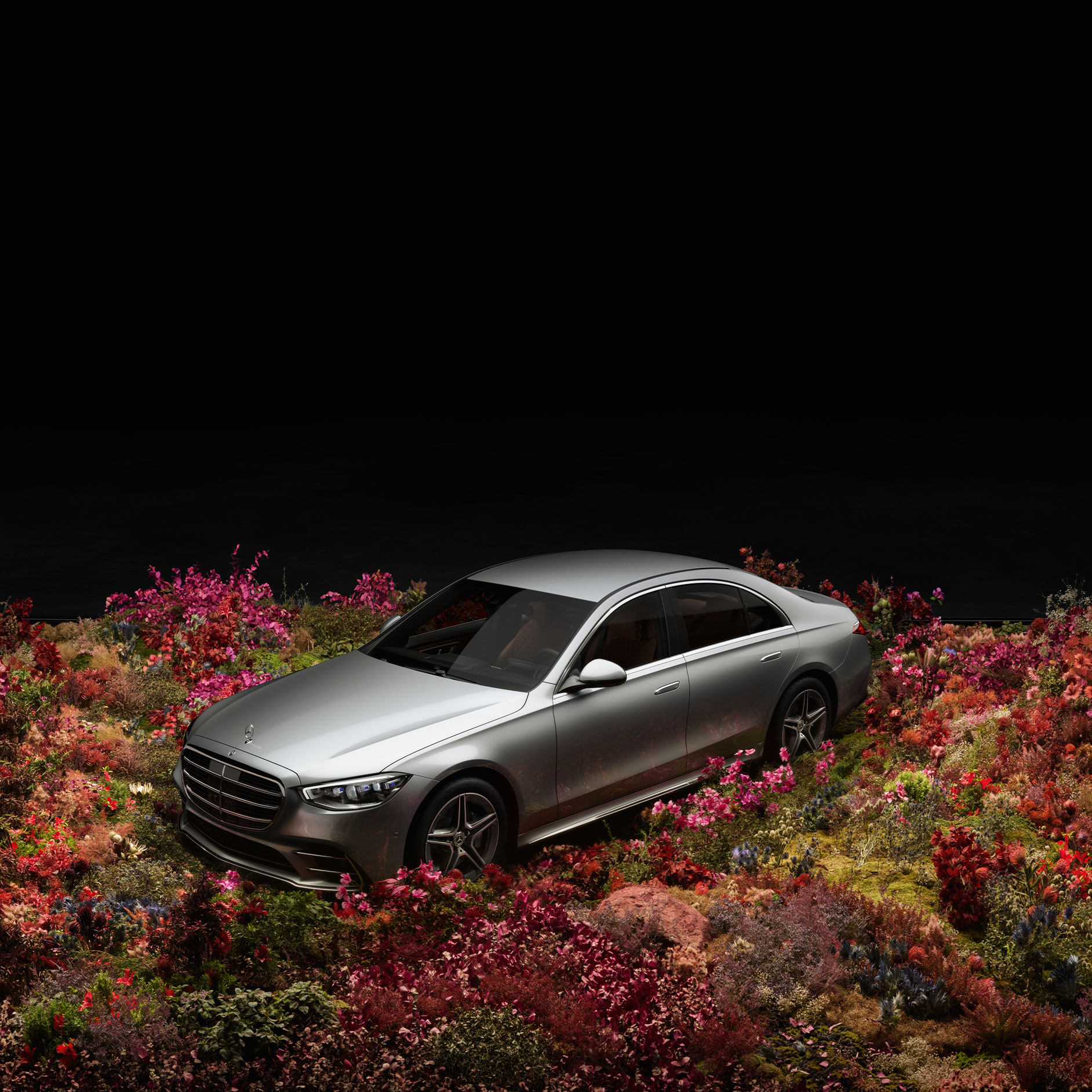 Teknologi | Drivlinjeteknologier | Mercedes-Benz Mercedes-Benz S-Klass i ett fält med blommor.