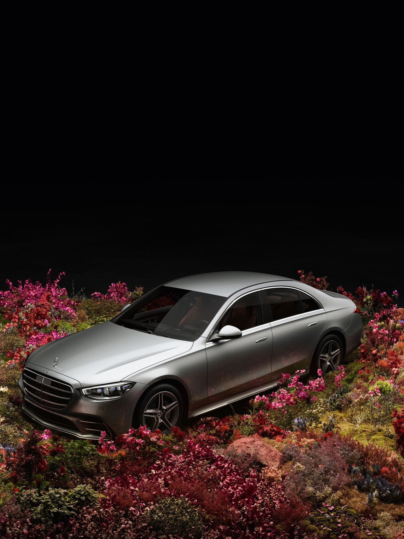 En Mercedes-Benz S-Klasse på en blomstereng.