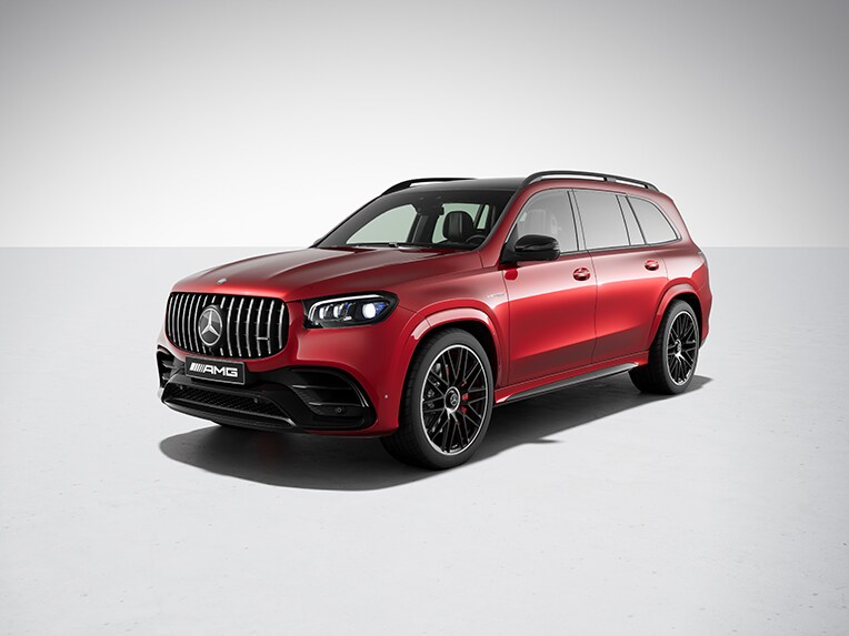 Rød Mercedes-AMG GLS SUV skråt forfra