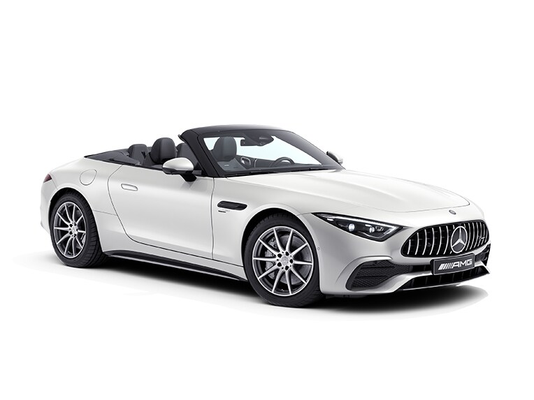 Hvid Mercedes-AMG SL Roadster skråt forfra
