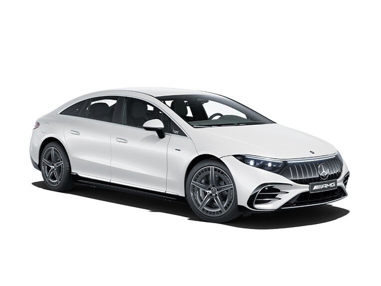 Hvid Mercedes-AMG EQS Sedan skråt forfra