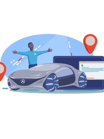 Illustration af mand foran Mercedes-Benz bil med opdaterede funktioner