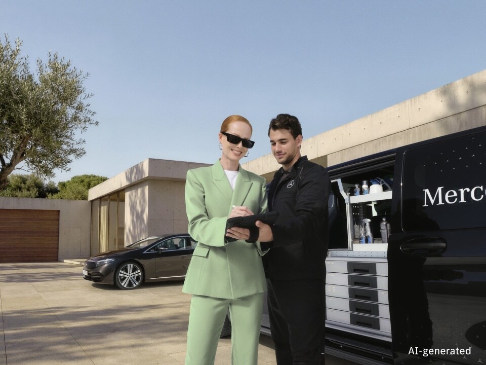 En servicetekniker fra Mercedes-Benz mobile service gennemgår digitale dokumenter med en kunde ved siden af en fuldt udstyret mobil servicebil med en Mercedes-Benz bil parkeret i baggrunden uden for et moderne hjem.