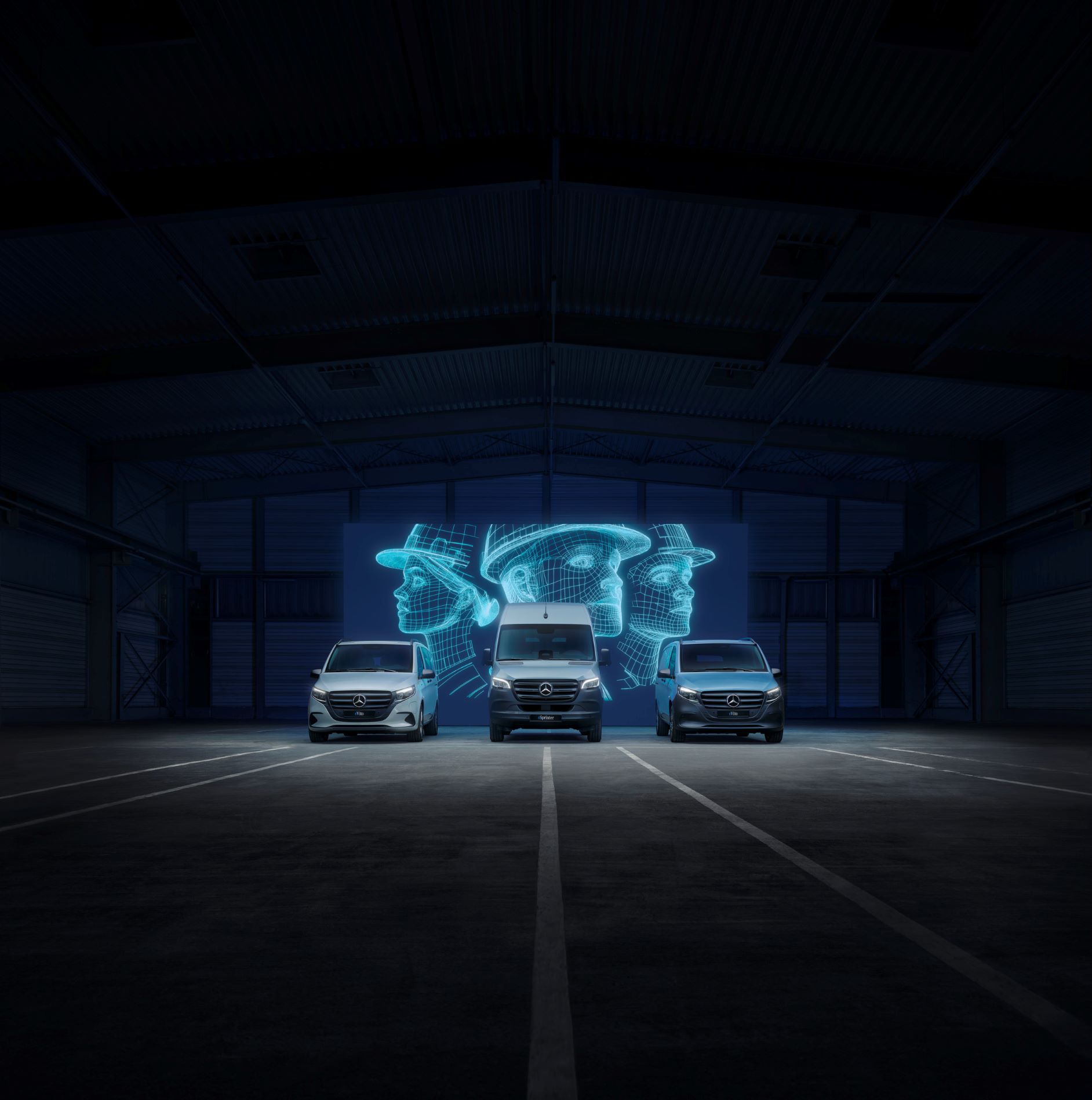 Elekriske varebiler | Mercedes-Benz Vans Elektriske Mercedes-Benz varebiler med computeranimeret baggrund