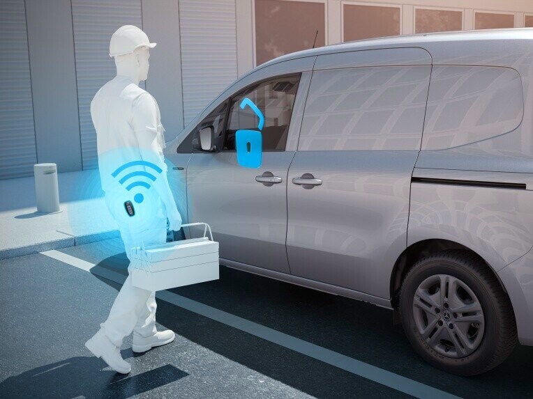 Skematisk illustration af nøglefri oplåsning med KEYLESS-GO på eCitan Kassevogn
