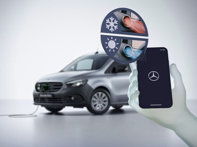 Hånd med mobiltelefon og forklimatiserings appen til eCitan Kassevogn