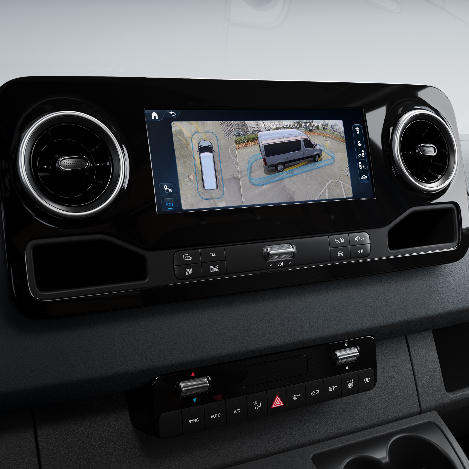 Bilegenskaber | Sprinter | Mercedes-Benz 360° surround view-visning af Parkeringspakken til Mercedes-Benz Sprinter.