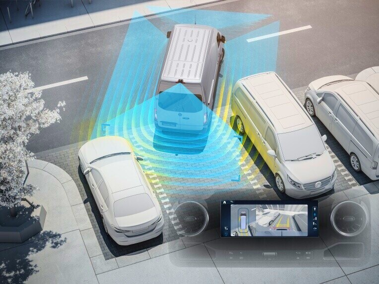 Skematisk illustration af parkeringspakken med 360° kamera til Sprinter Kassevogn