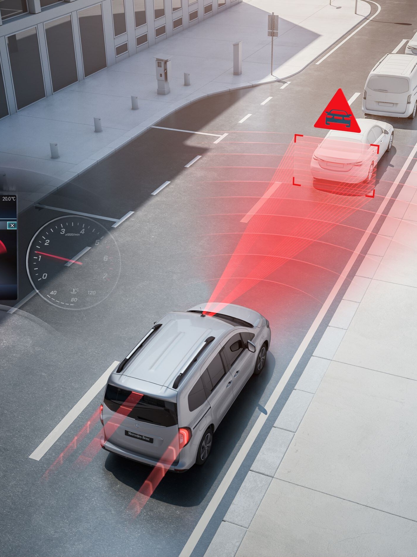 Skematisk illustration af førerassistentsystem i Mercedes-Benz Tourer modeller