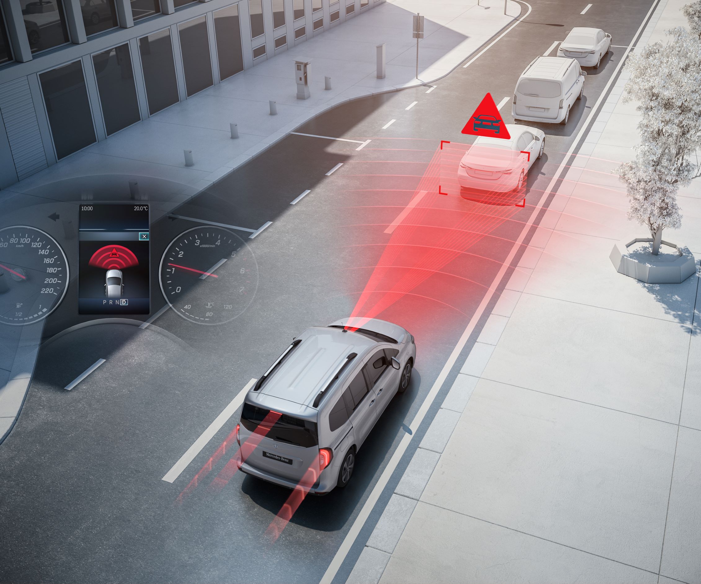 Førerassistentsystemer | Mercedes-Benz Vans Skematisk illustration af førerassistentsystem i Mercedes-Benz Tourer modeller