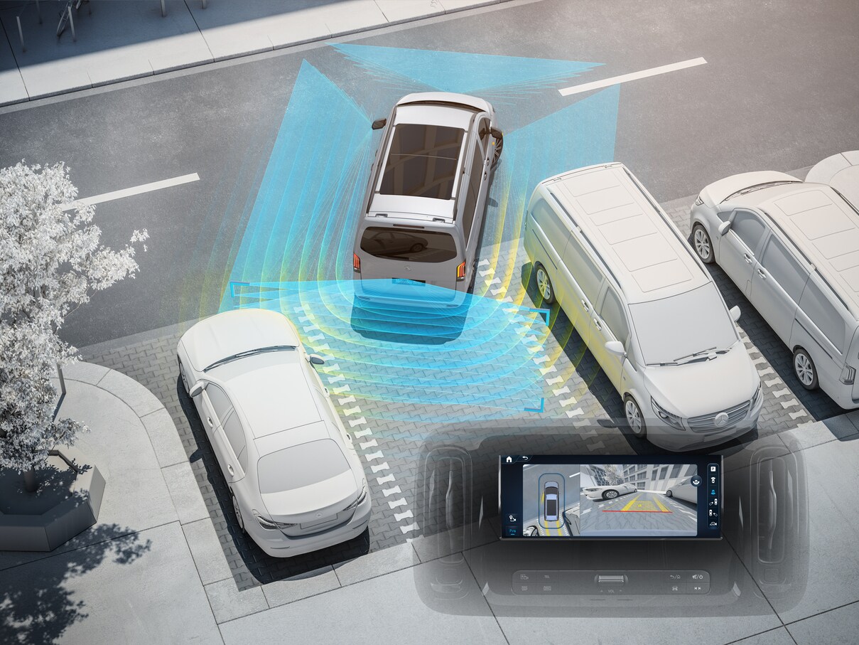 Illustration af parkeringspakken med 360° kamera til Mercedes-Benz Vito
