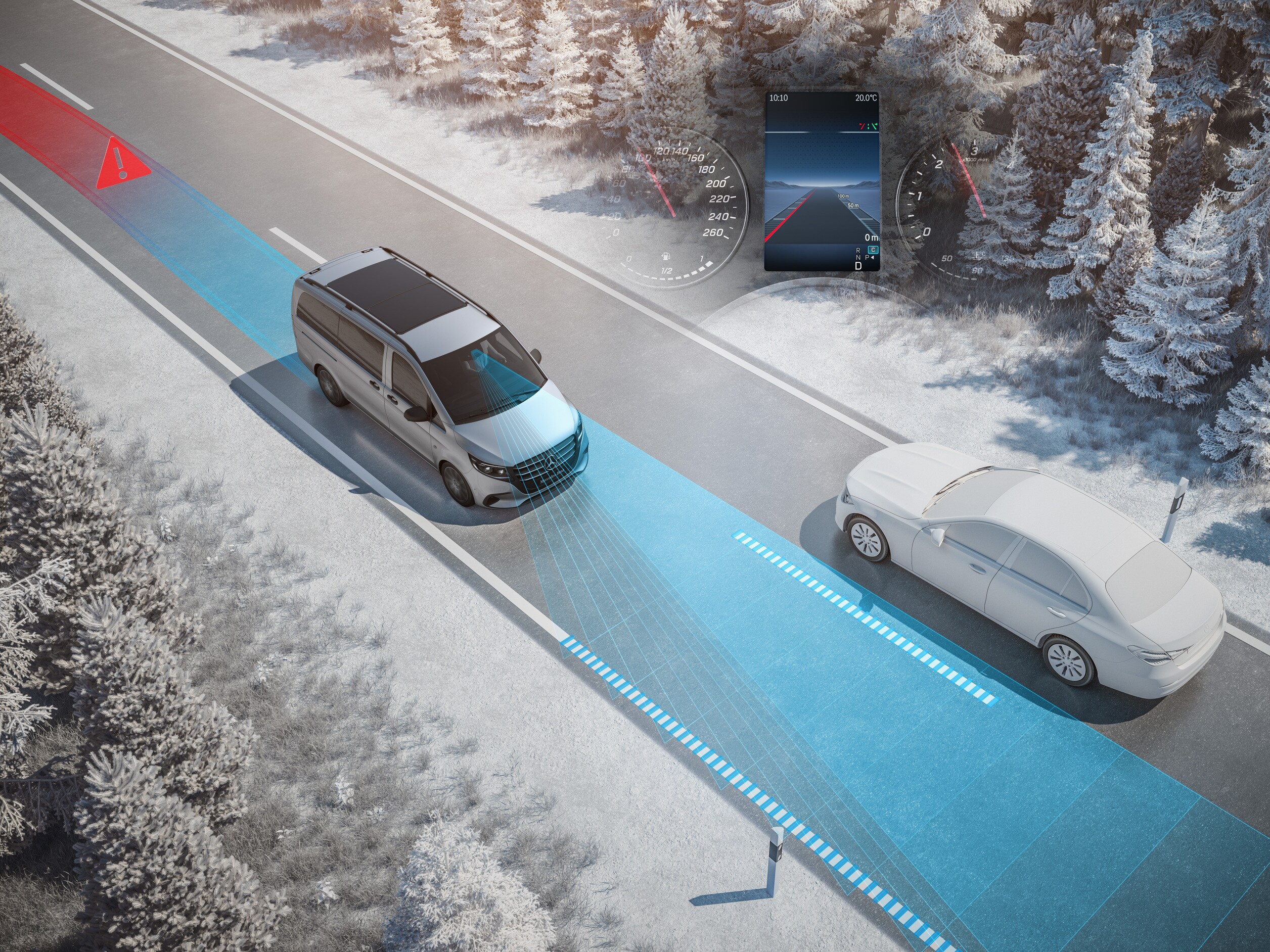 En illustration af den aktive Lane Keeping-assistent til Mercedes-Benz Vito-modeller.