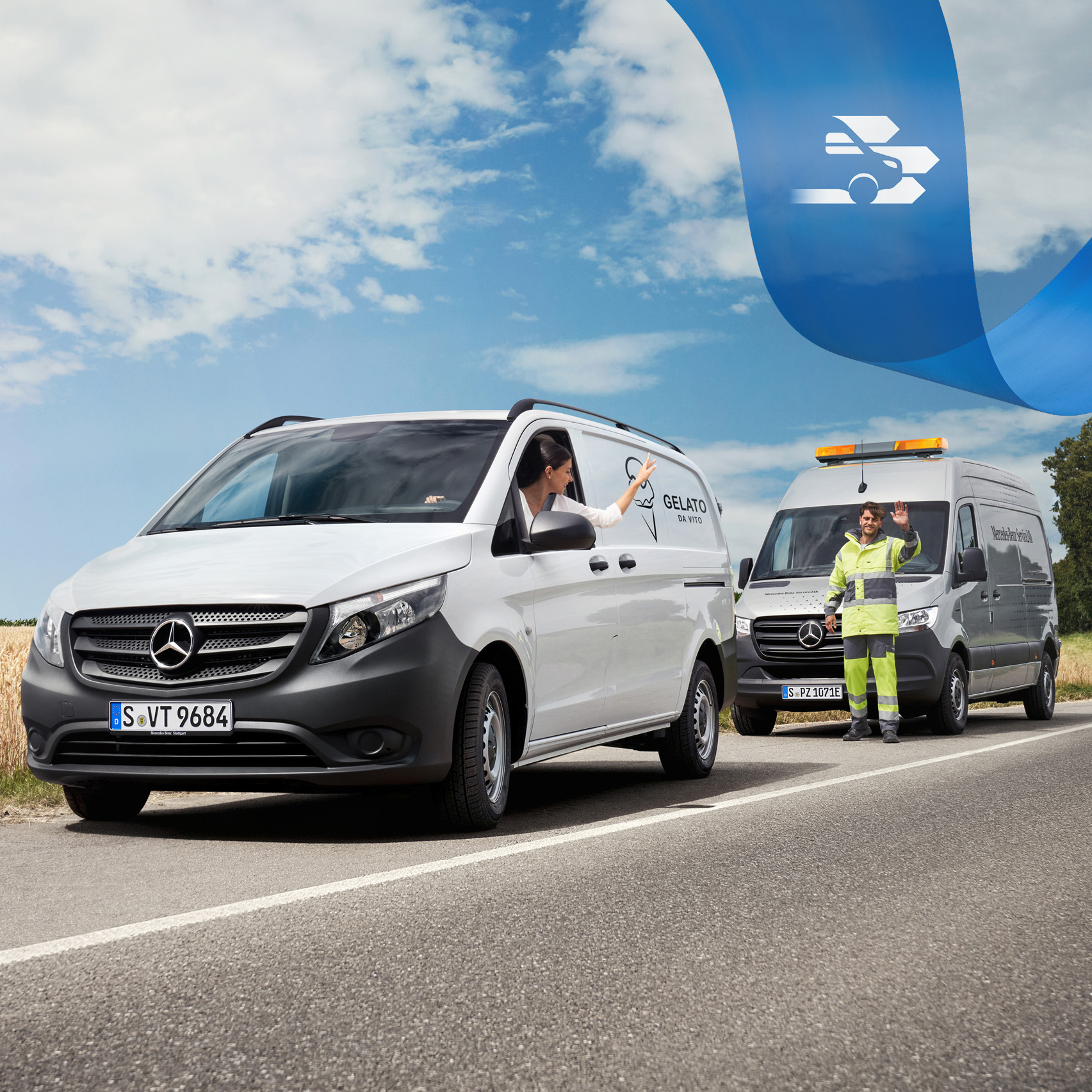 Mercedes-Benz | Hjælp til varebiler | Service24h Kompetent støtte, når det gælder hjælp til din bil: Mercedes-Benz Service hjælper varebilschauffør i vejkanten, begge vinker venligt.