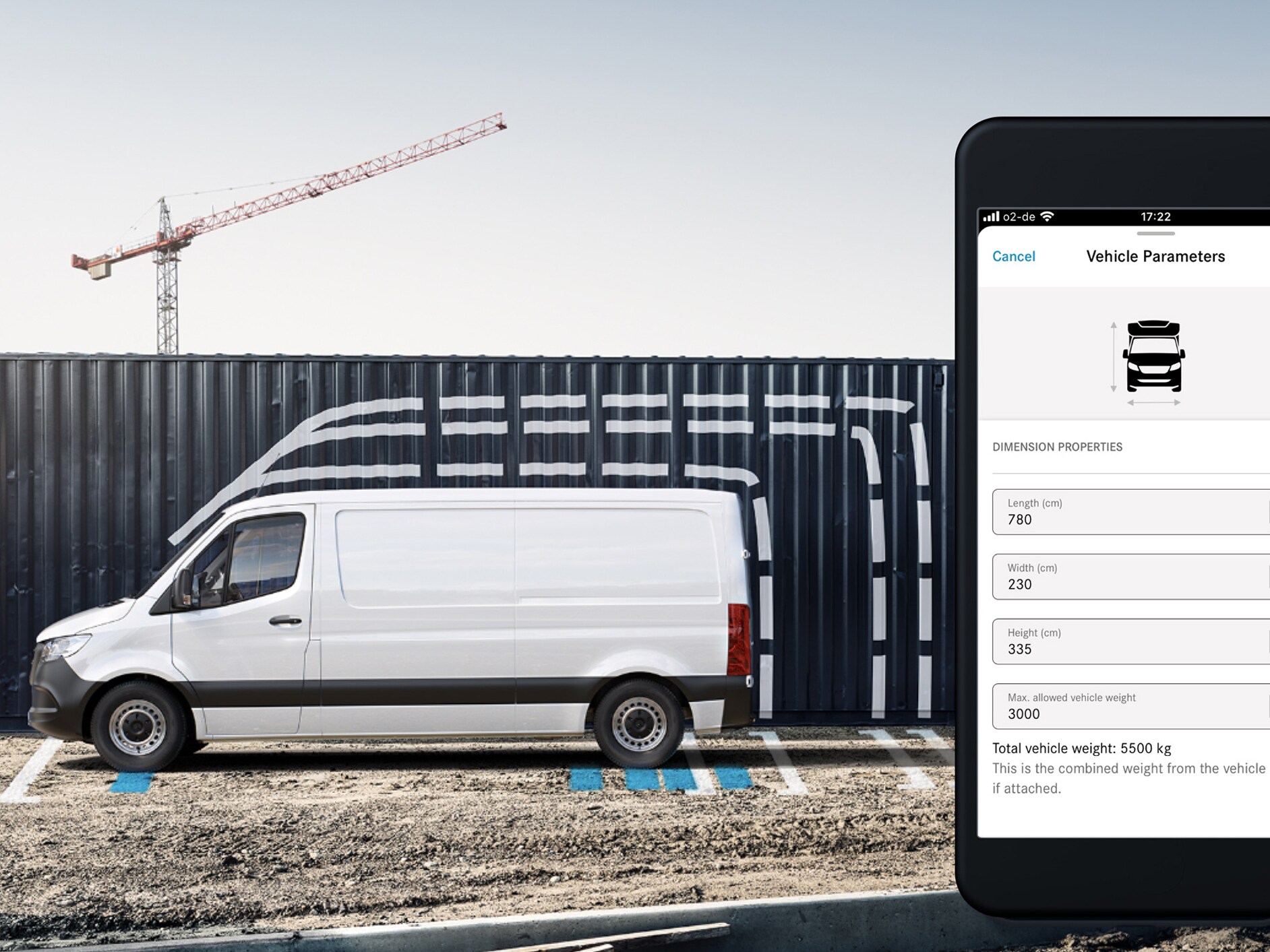 Grafisk visning af Sprinter Kassevogns mål i Mercedes-Benz appen på en smartphone
