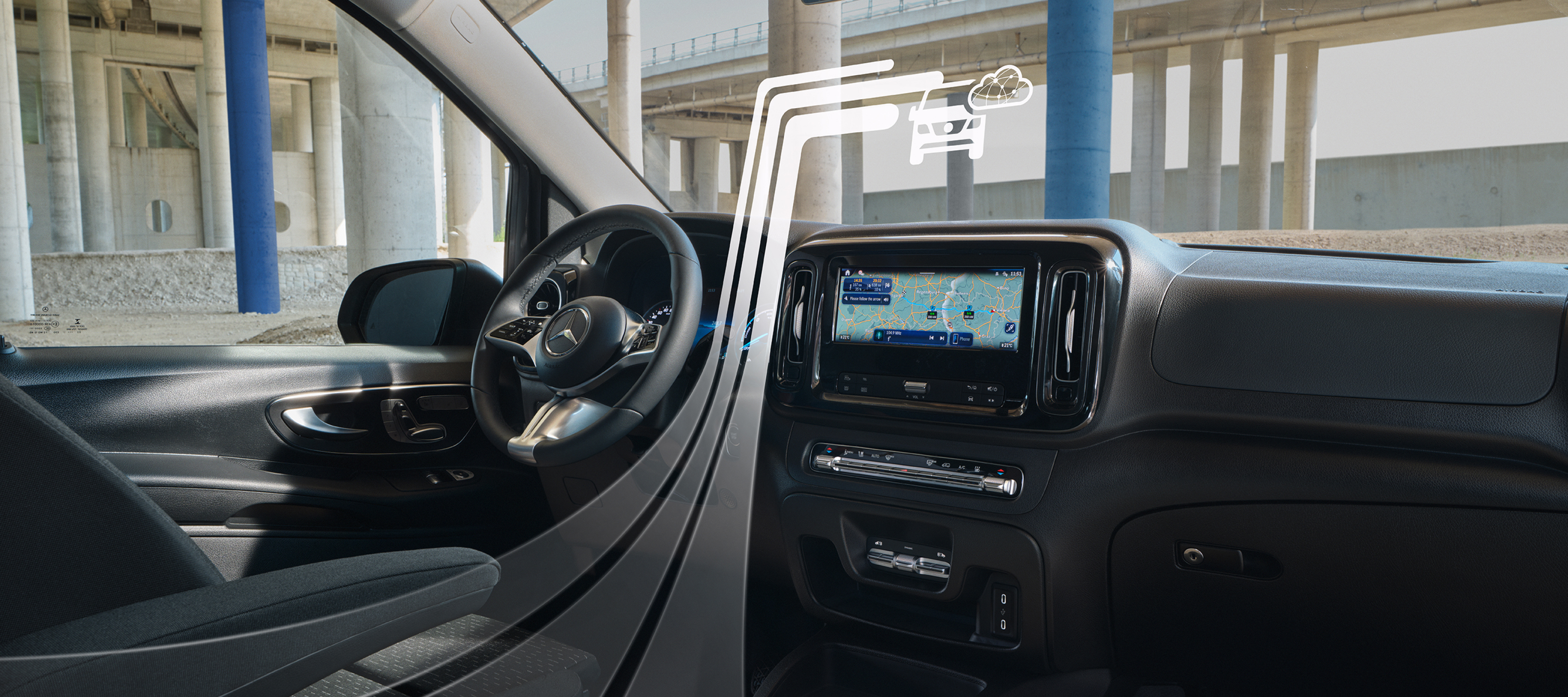 Navigation | Digitale tjenester | Mercedes-Benz Vans Navigationsfunktionen i MBUX multimediesystemet med grafiske elementer, der repræsenterer de digitale tjenester.