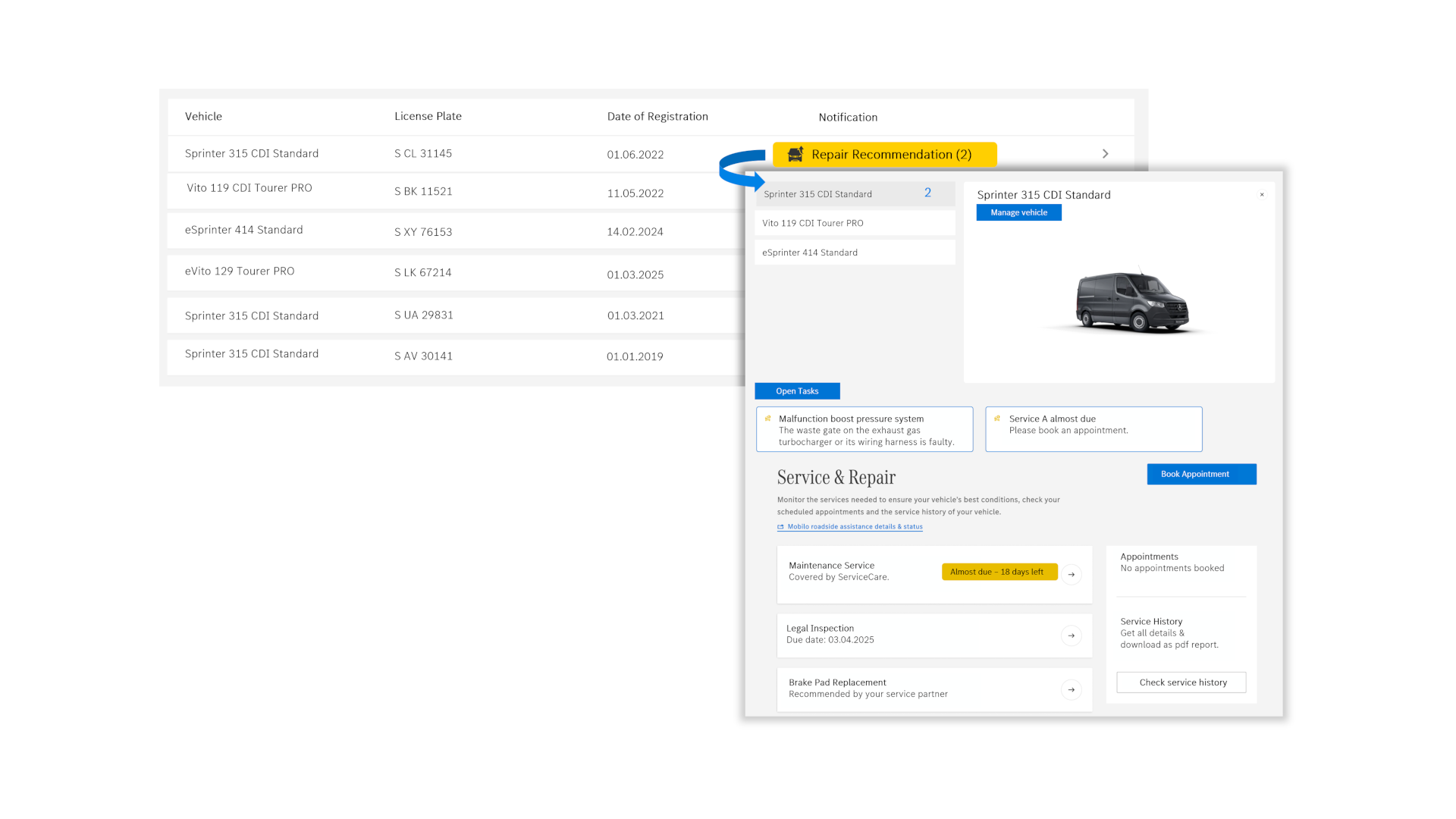 Van Uptime Monitor | Digitale tjenester | Mercedes-Benz Visning af en flådeoversigt med forskellige statusoplysninger og anbefalede handlinger.