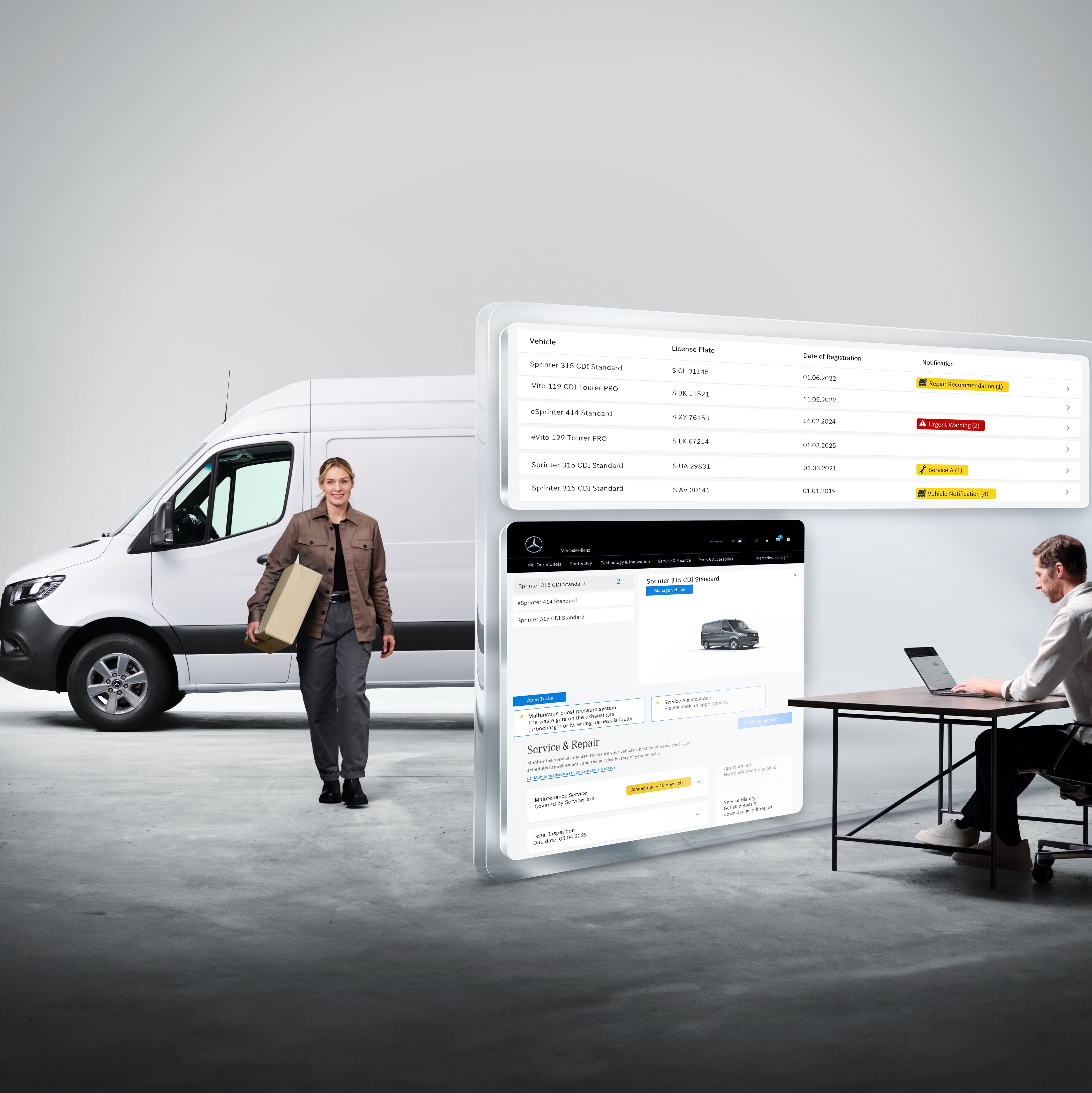 Skærmene, der viser digitale tjenester fra Mercedes-Benz, med personer og en Mercedes-Benz Sprinter i baggrunden.