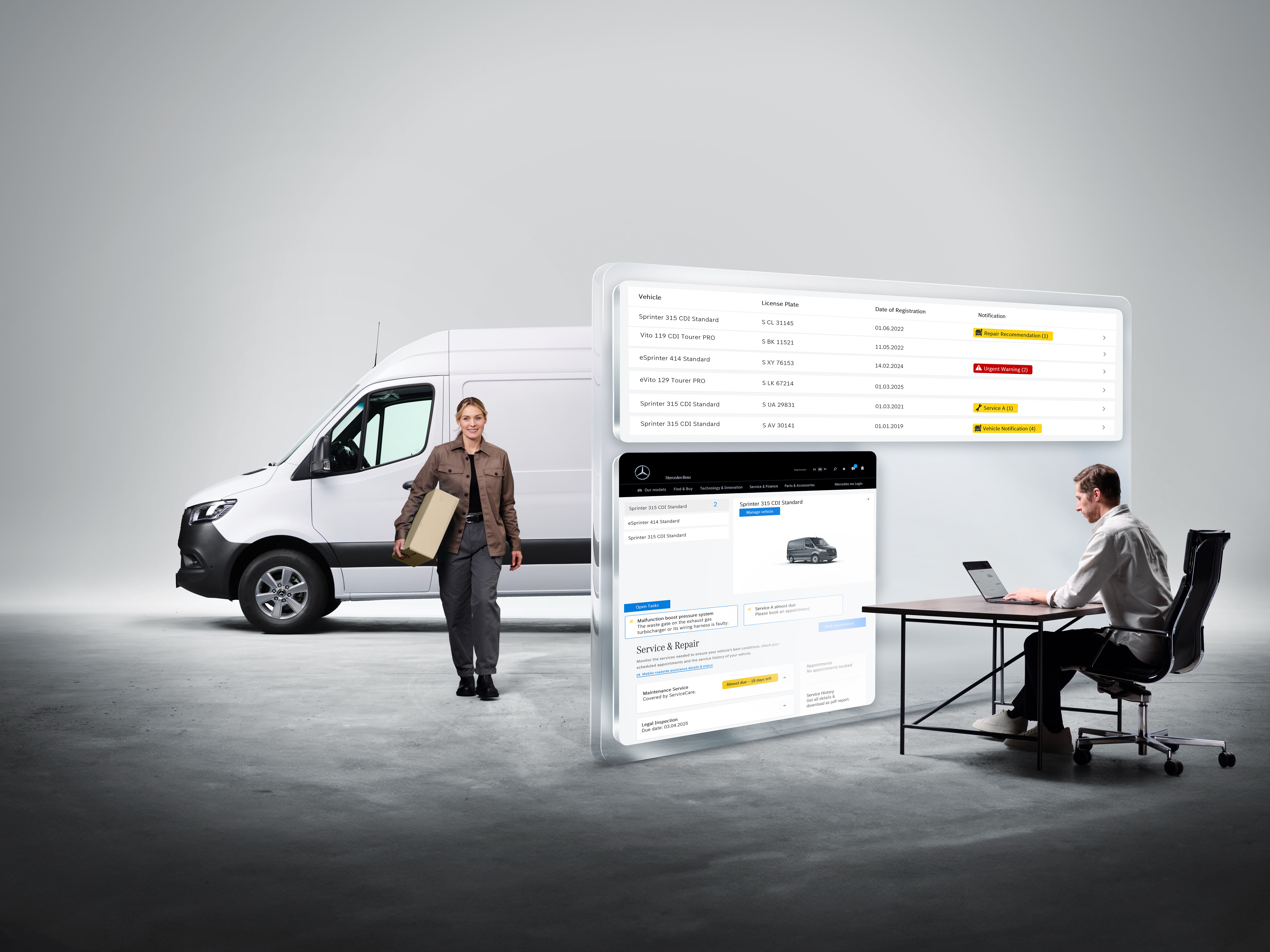 Van Uptime Monitor | Digitale tjenester | Mercedes-Benz Skærmene, der viser digitale tjenester fra Mercedes-Benz, med personer og en Mercedes-Benz Sprinter i baggrunden.