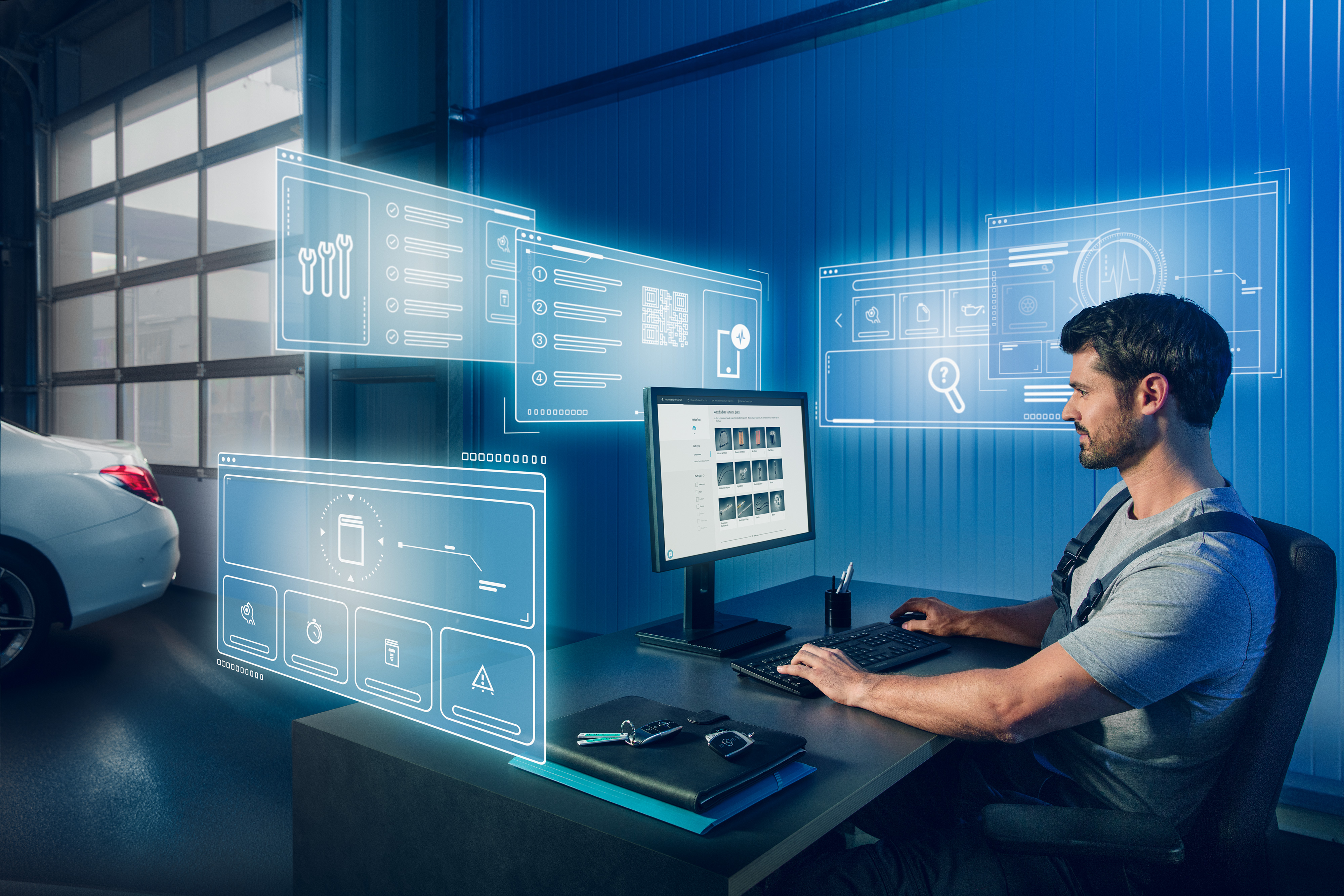 Mercedes-Benz | Originaldele til varebiler Mekanikeren søger efter Mercedes-Benz originaldele i Mercedes' reservedelskatalog.