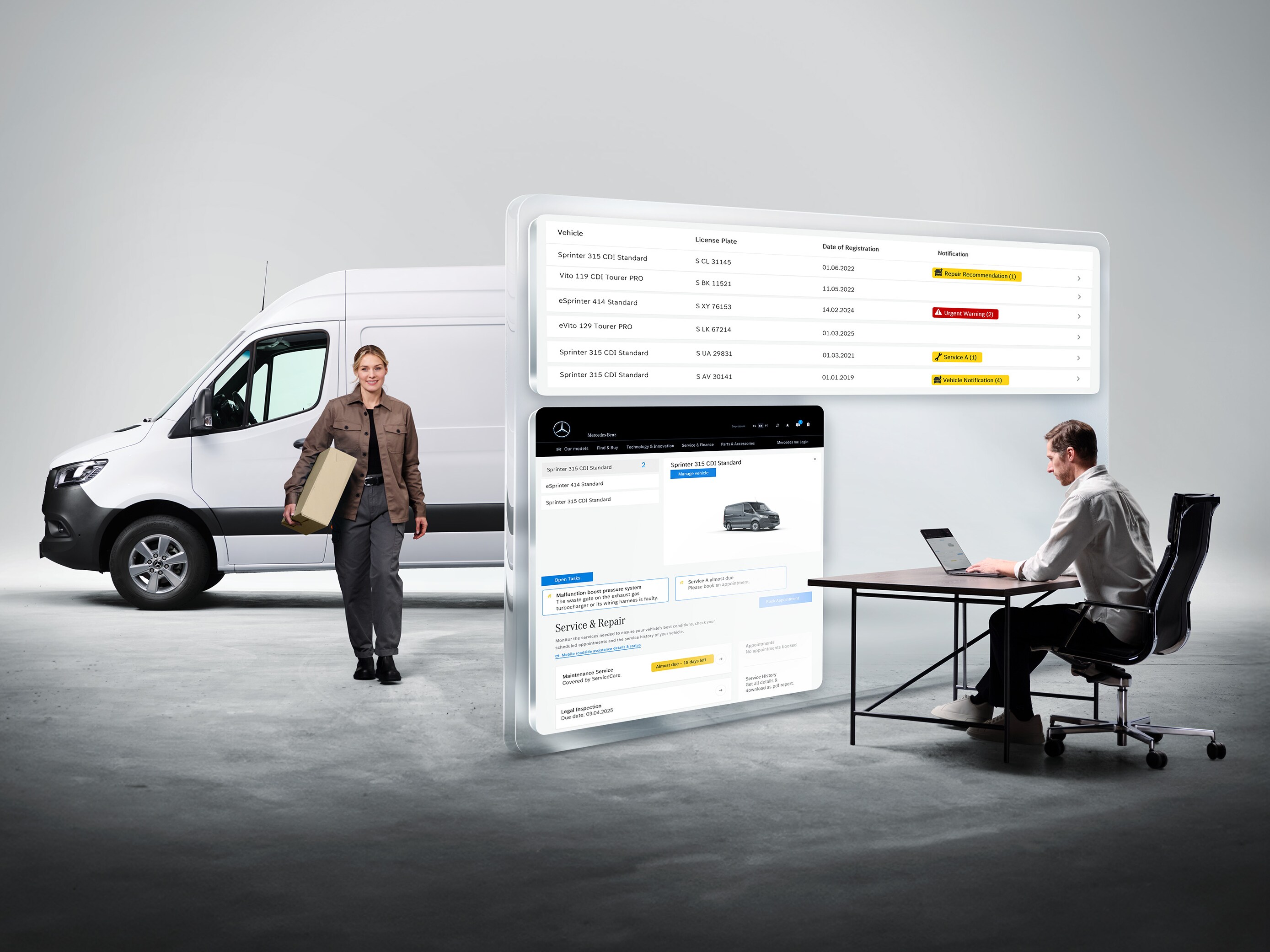 Store computerskærme viser Mercedes-Benz Van Uptime monitor.