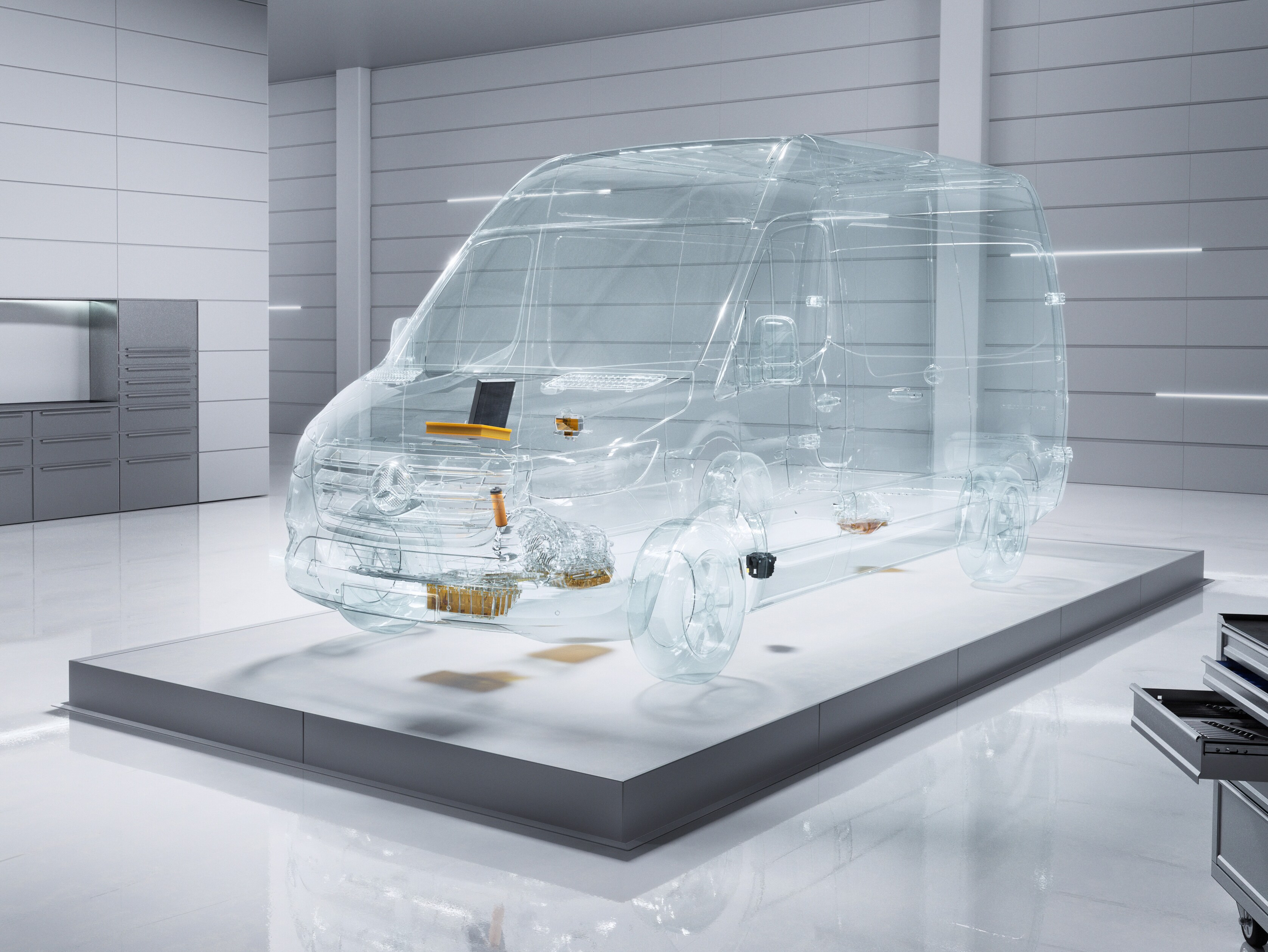 En virtuel, gennemsigtig Mercedes-Benz Sprinter varebil i et værkstedsmiljø.