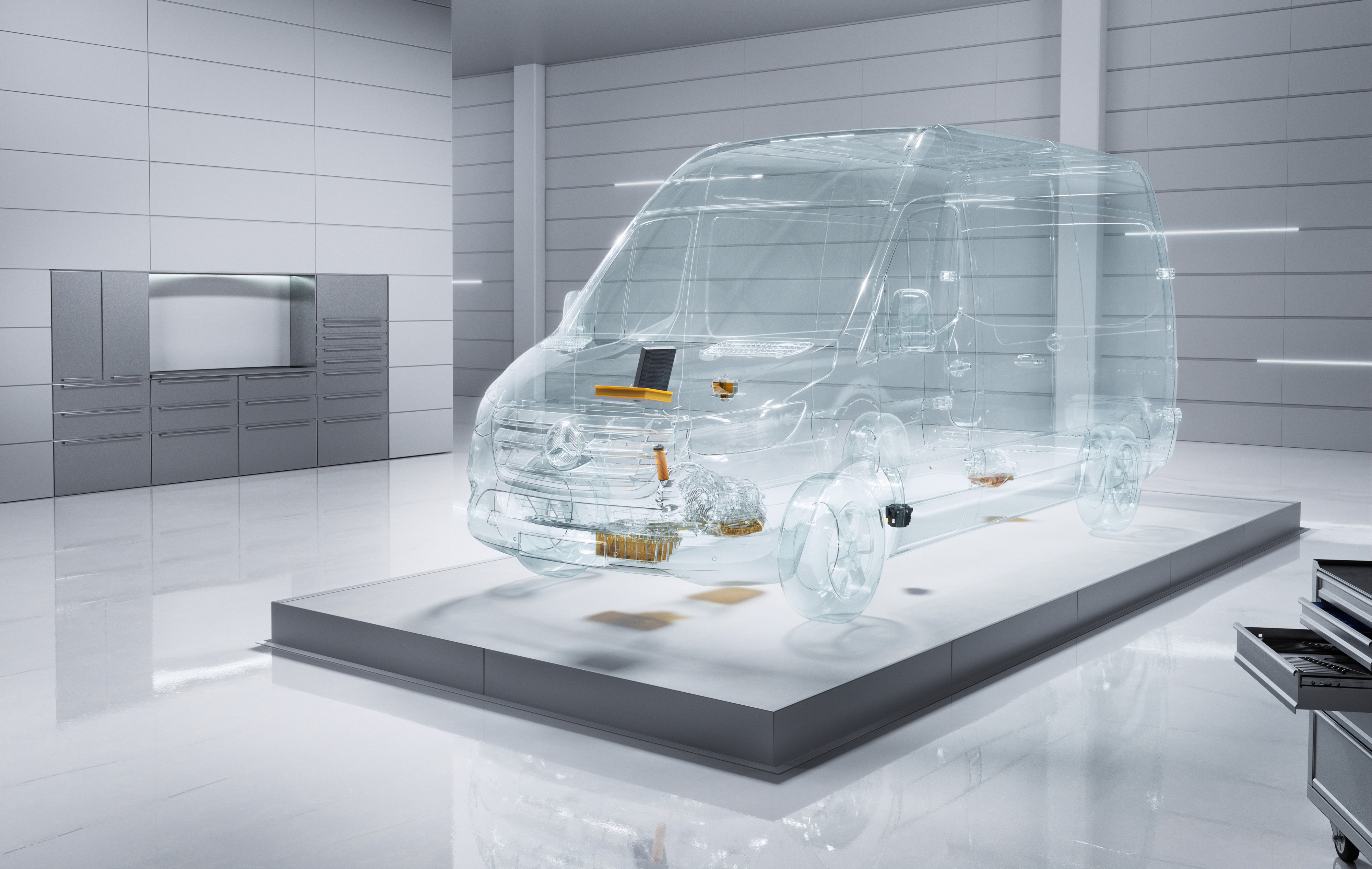 Mercedes-Benz | ServiceCare til varebiler | Optimalt vedligeholdt En virtuel, gennemsigtig Mercedes-Benz Sprinter varebil i et værkstedsmiljø.