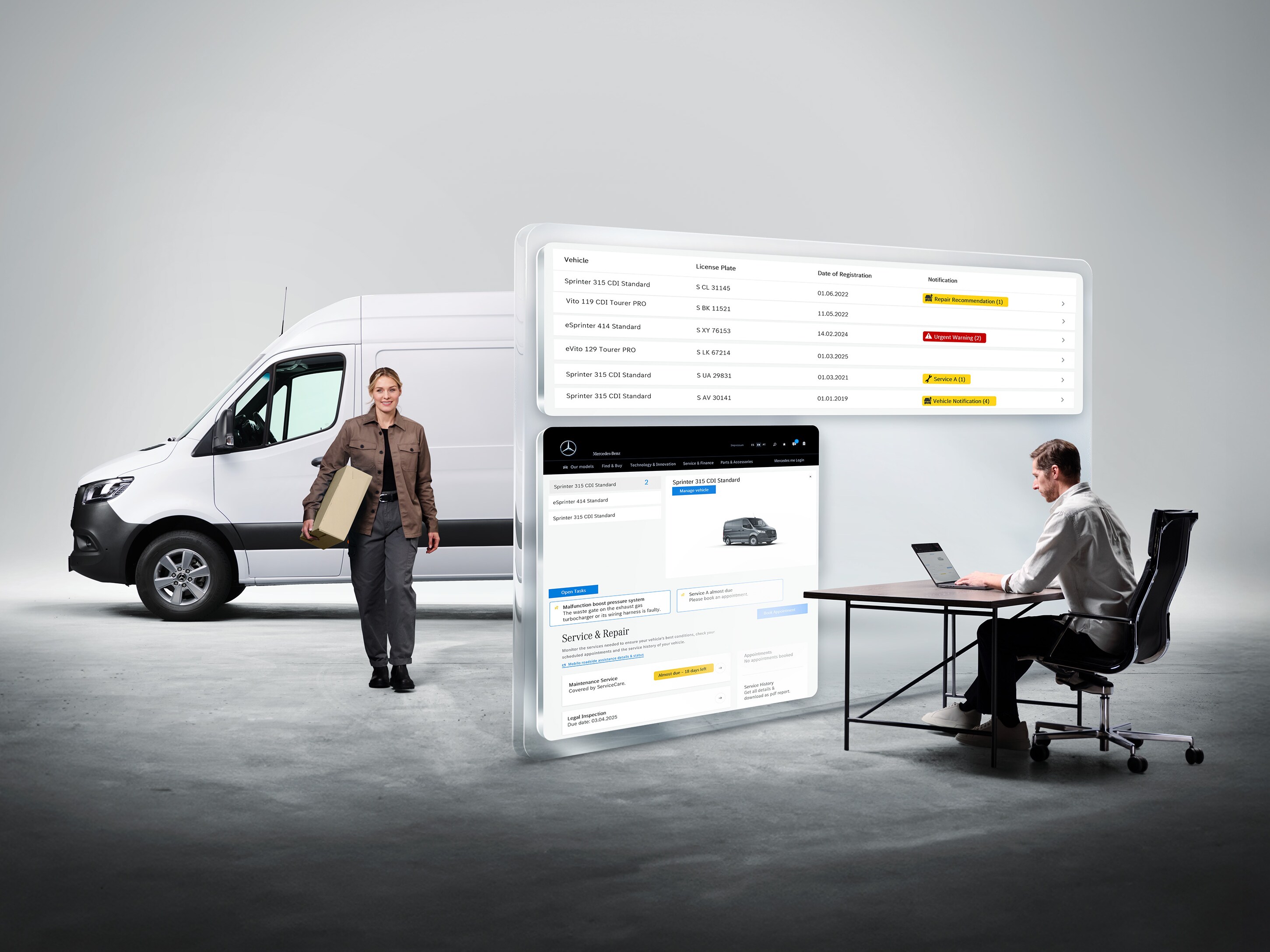 En mand overvåger en varebilsflåde på en bærbar computer, Mercedes-Benz Van Uptime Monitor for maksimal tilgængelighed.