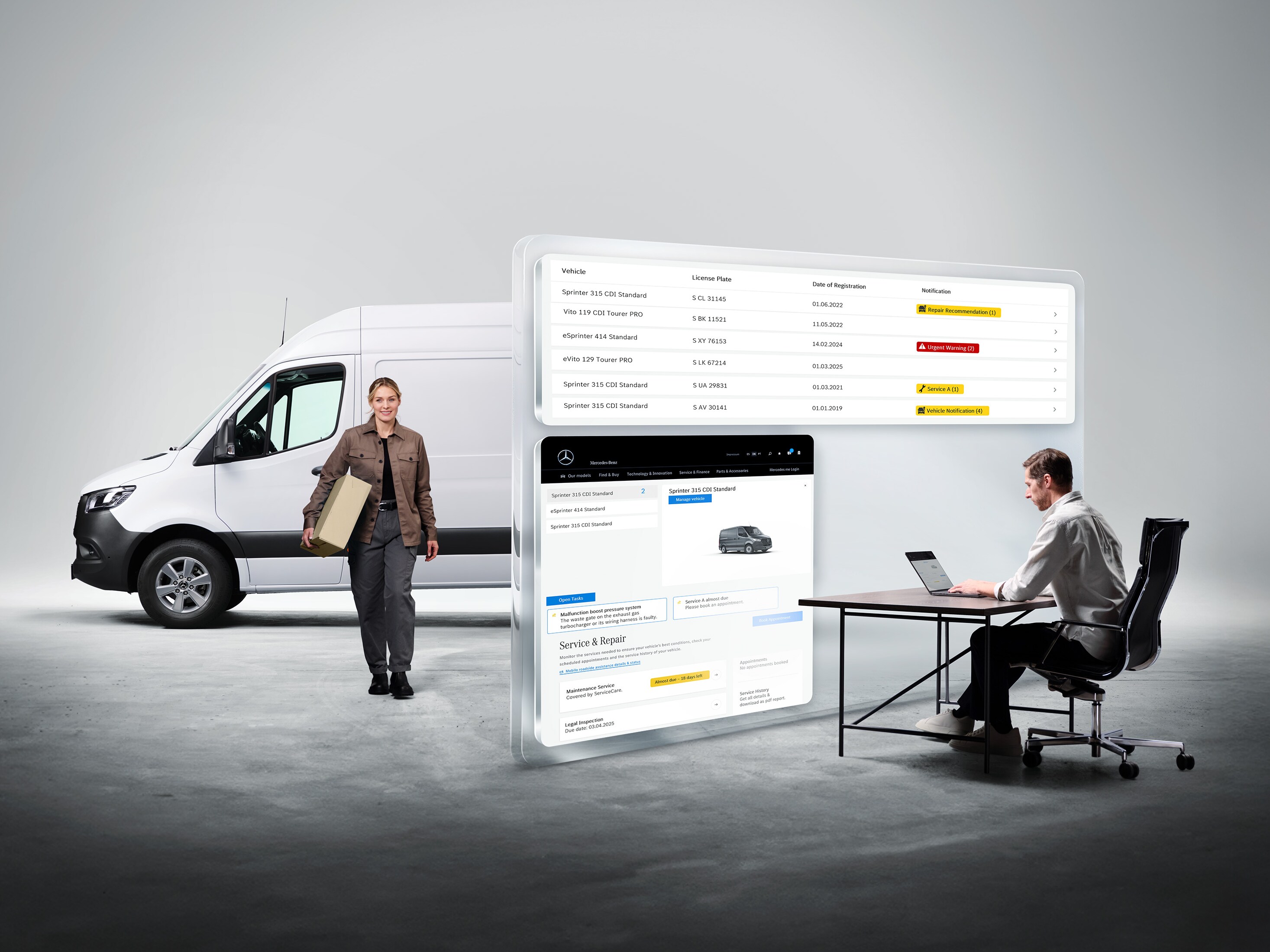 Digital Mercedes-Benz diagnose: mand med laptop, kvinde ved siden af varebil, virtuelle diagnosedata vises.