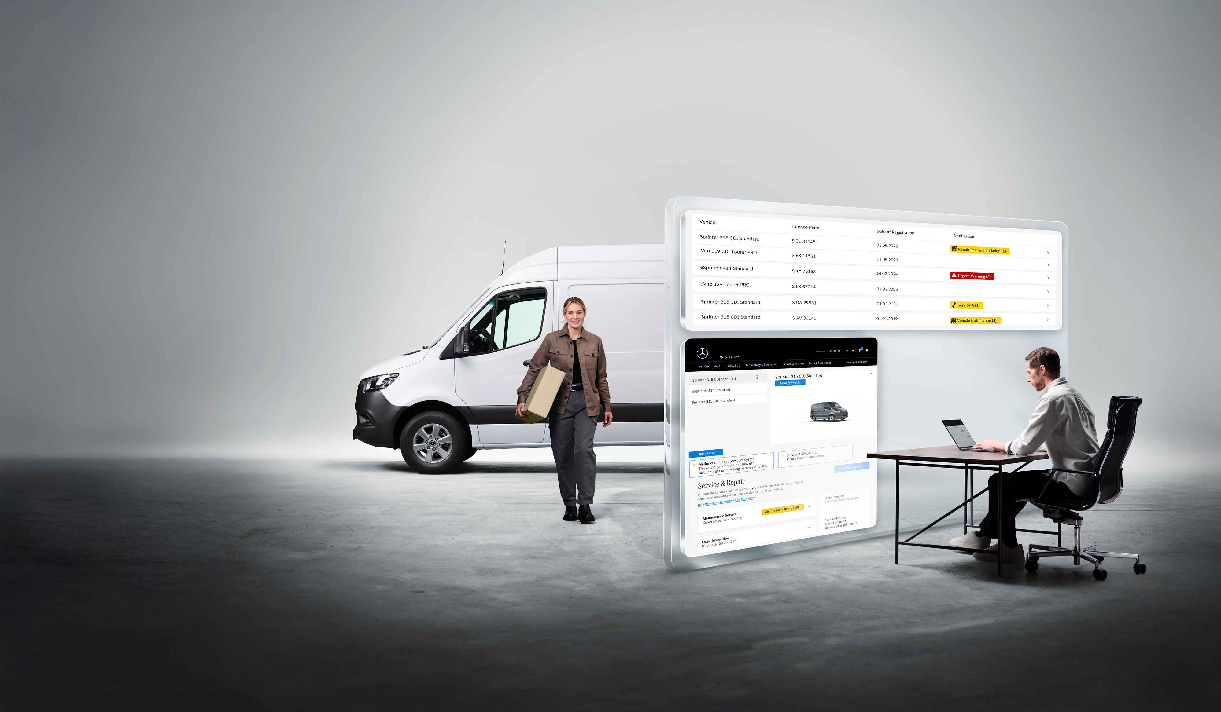 Mercedes-Benz | Varebilsteknologi | Uptime Monitor Digital Mercedes-Benz diagnose: mand med laptop, kvinde ved siden af varebil, virtuelle diagnosedata vises.