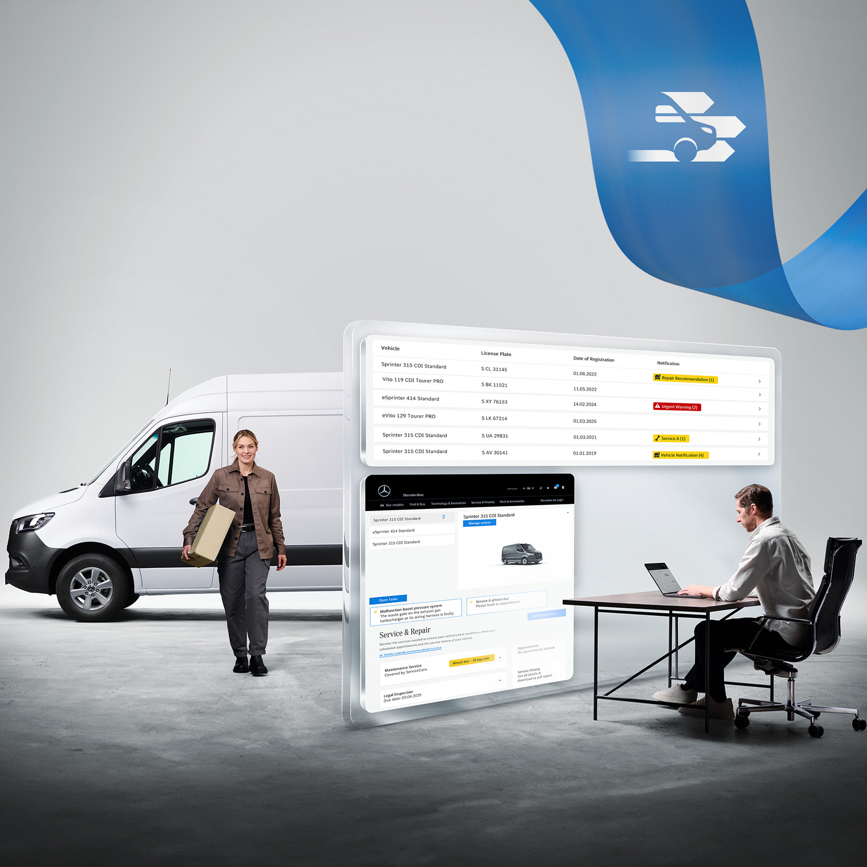 Mercedes-Benz | Varebilsteknologi | Van Uptime Monitor En mand overvåger en flåde af biler på en bærbar computer, og i baggrunden ses en kvinde på vej væk fra sin hvide Sprinter varebil.