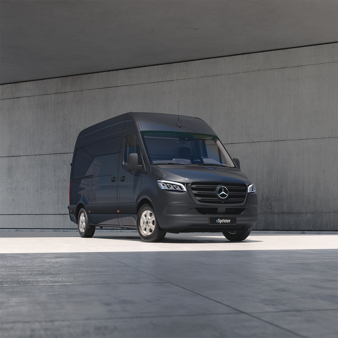 Sikkerheds-og assistentsystemer | Mercedes-Benz Mercedes-Benz eSprinter Varebil i minimalistiske omgivelser.
